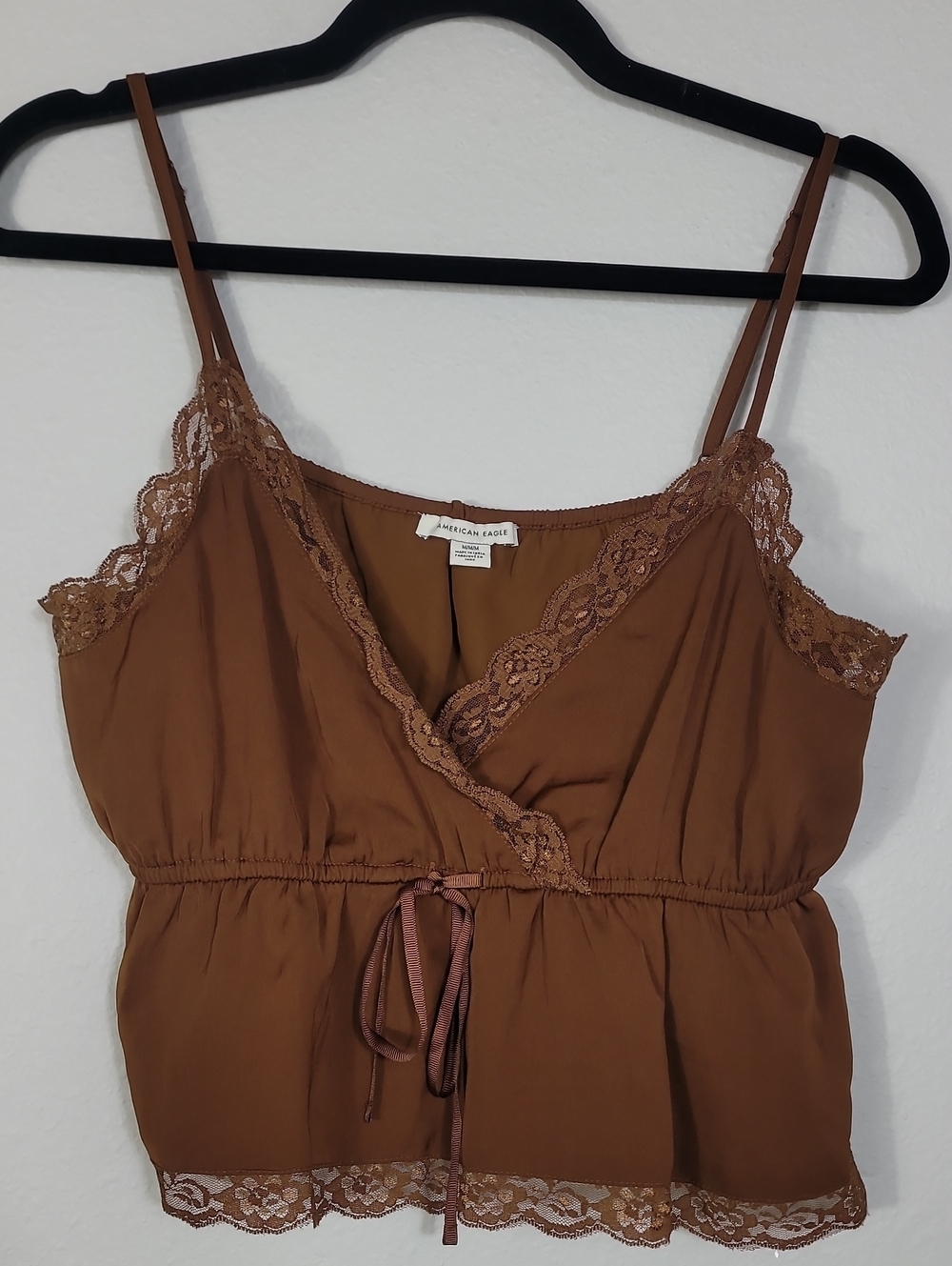 American Eagle Babydoll Tank Top Size Medium Brown Lace Trim Coquette Feminine